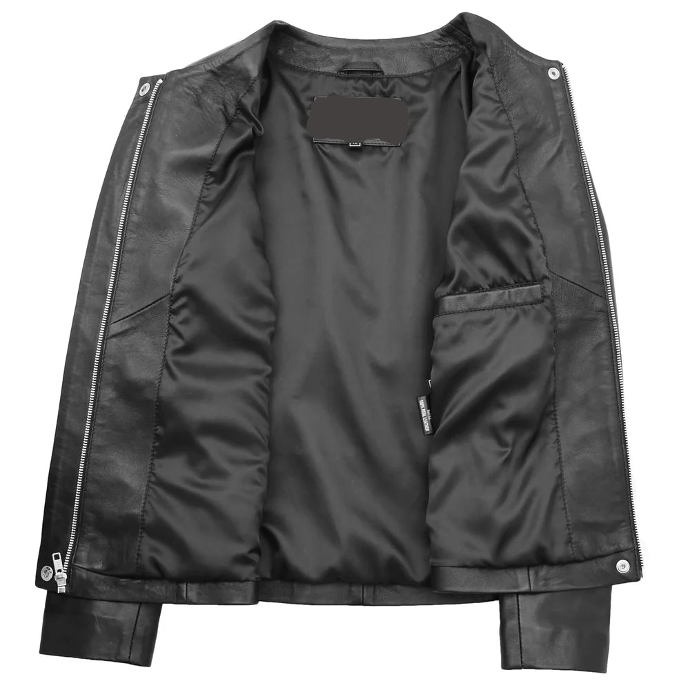 Lambskin Stylish Women's Collarless Round Neck Leather Jacket