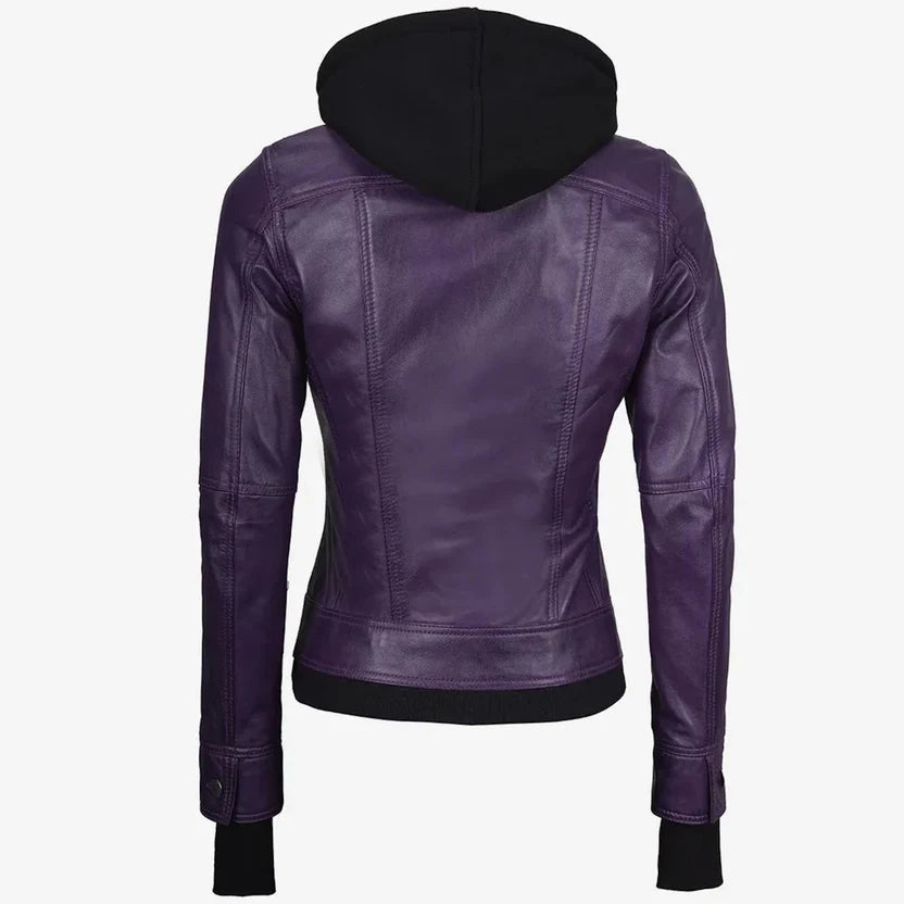 Women's Maroon Hooded Leather Jacket with Pockets