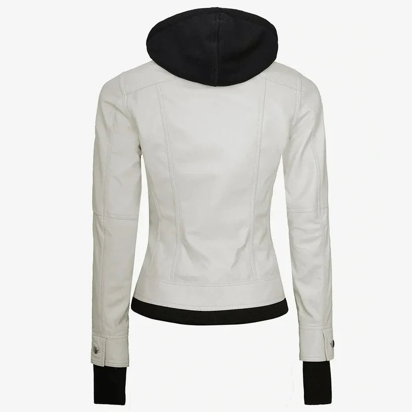 white hooded leather jacket with ribbed hem