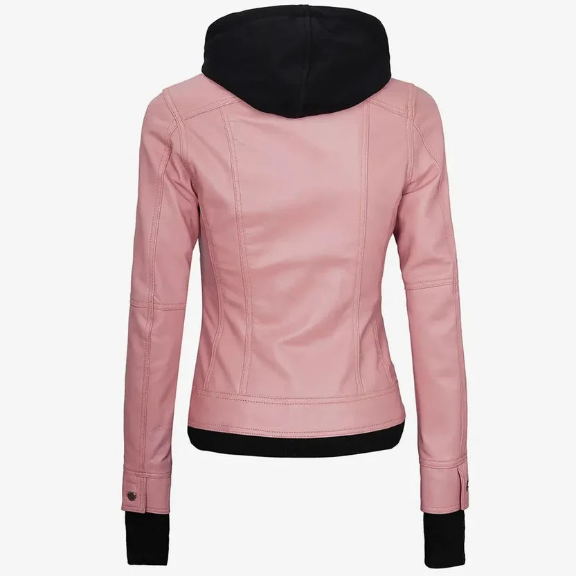 Women's Dusty Pink Hooded Cargo Leather Jacket