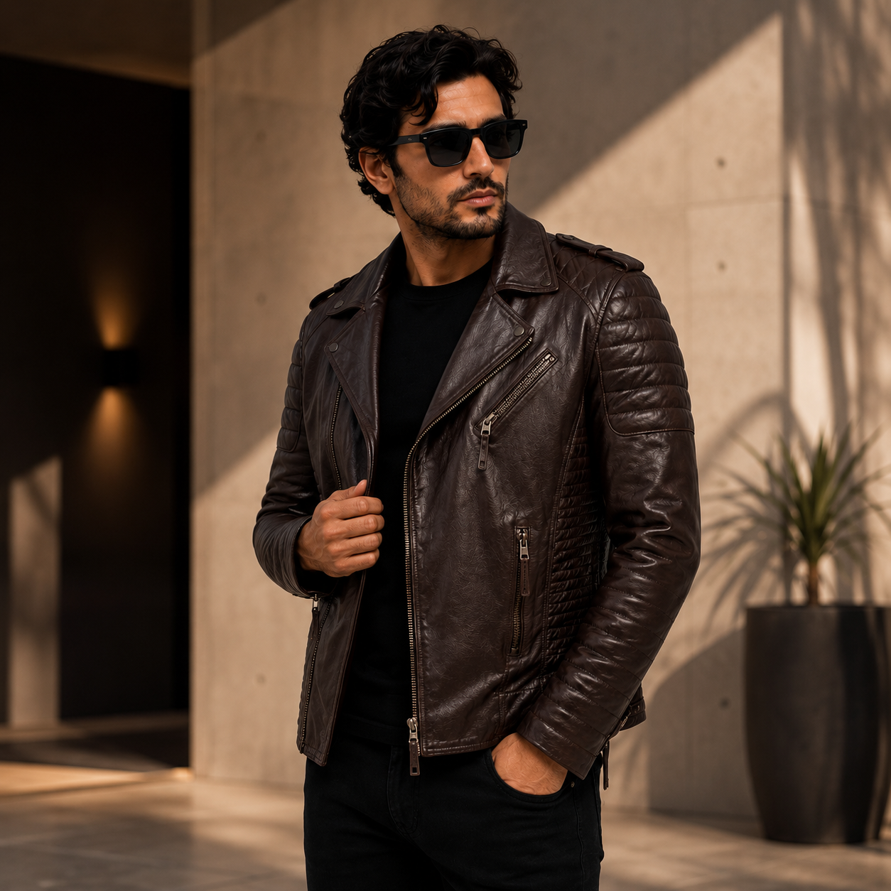 Men's Dark Brown Distressed Asymmetric Leather Biker Jacket