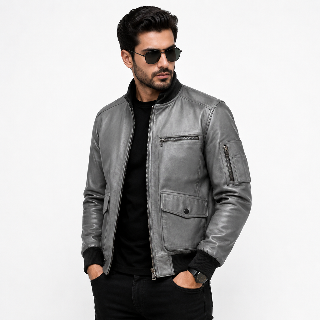 Men's distressed grey leather bomber jacket