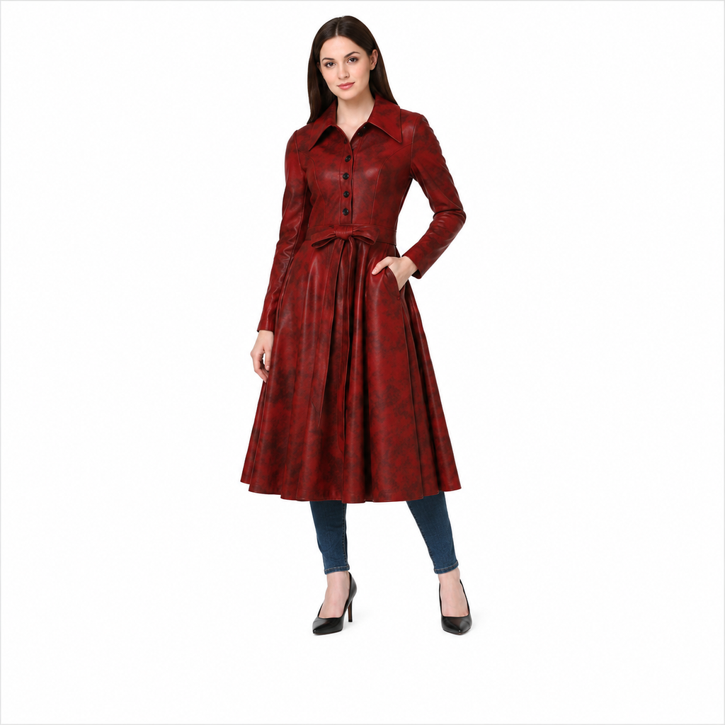 Belt and Button Detail on Distressed Red Leather Coat