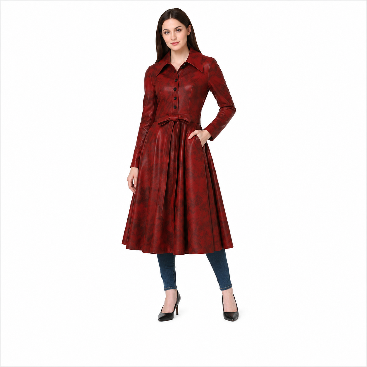 Belt and Button Detail on Distressed Red Leather Coat