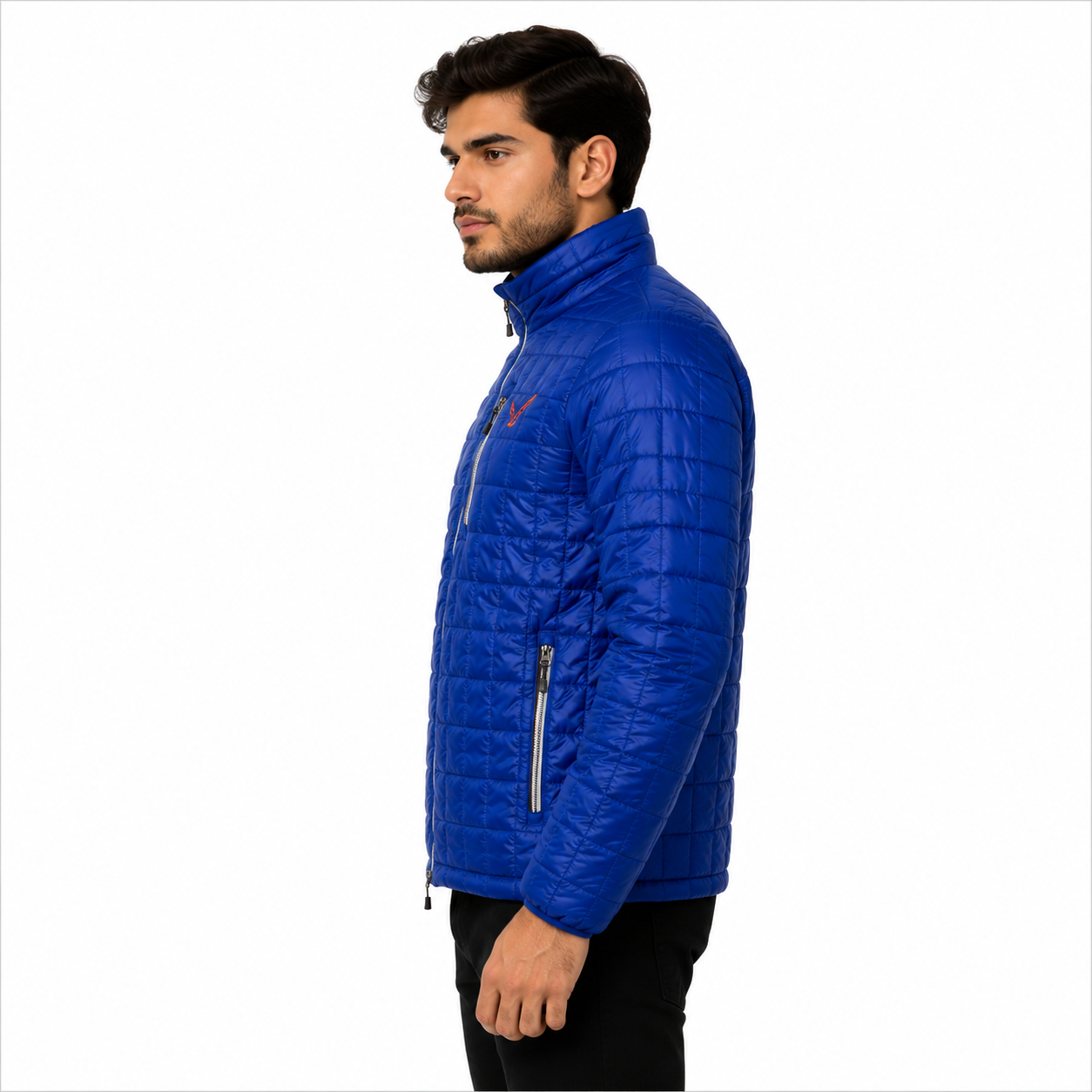 men's blue puffer jacket with side pockets