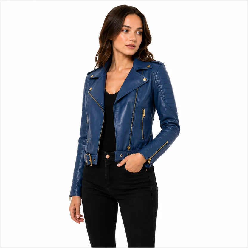 Women's Royal Blue Biker Leather Jacket