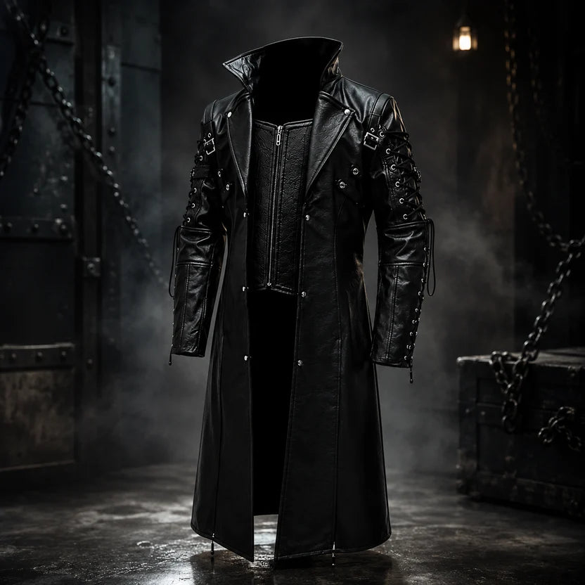  Women's black gothic leather coat