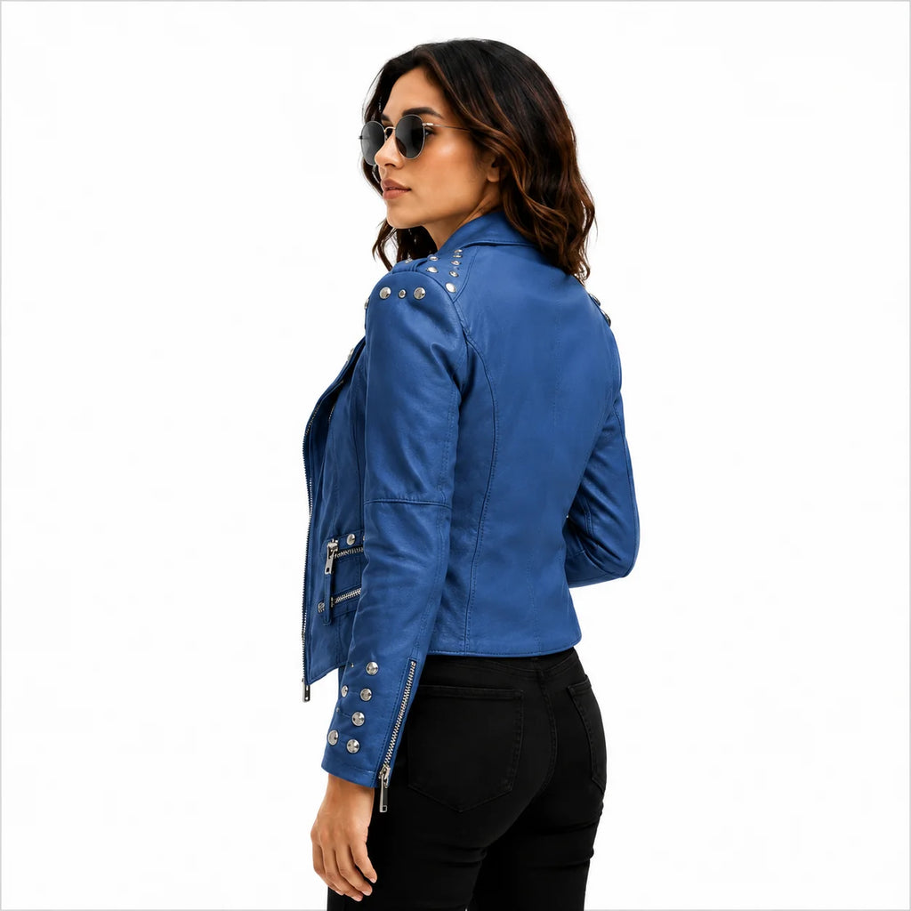 Women's Light Blue Studded Leather Biker Jacket