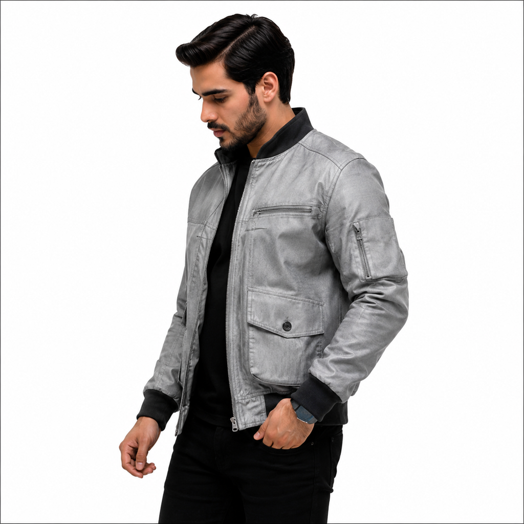 Men's distressed grey leather bomber jacket
