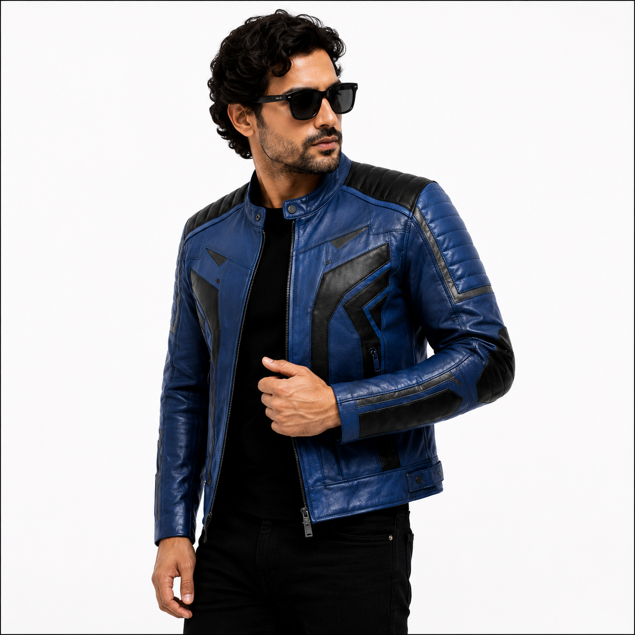 Men's Blue & Black Cafe Racer Leather Biker Jacket