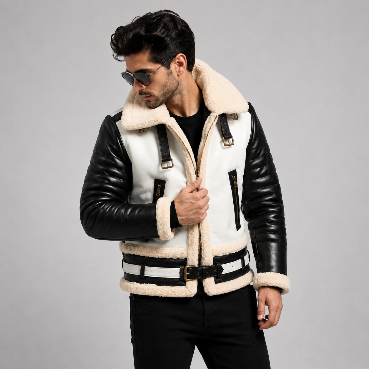 white shearling bomber jacket
