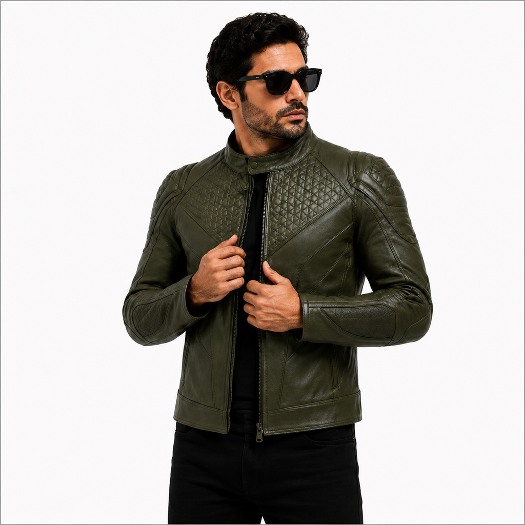 Men's Olive Green Quilted Racer Leather Jacket