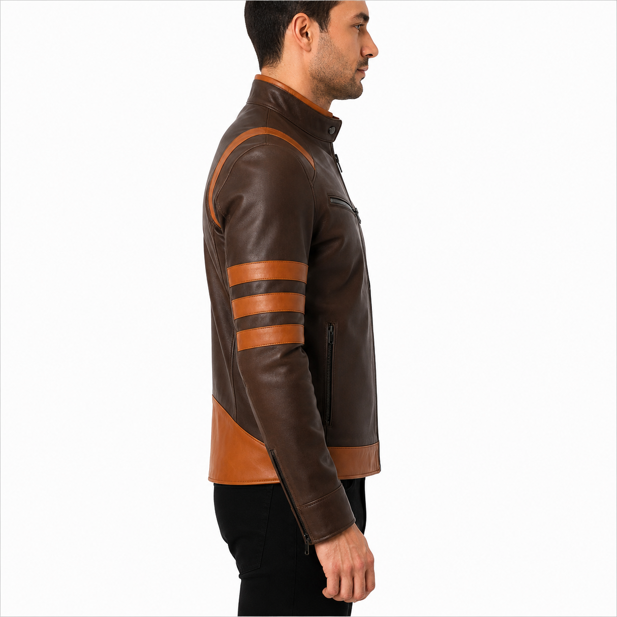 Men's Brown Tan Striped Genuine Leather Cafe Racer Jacket