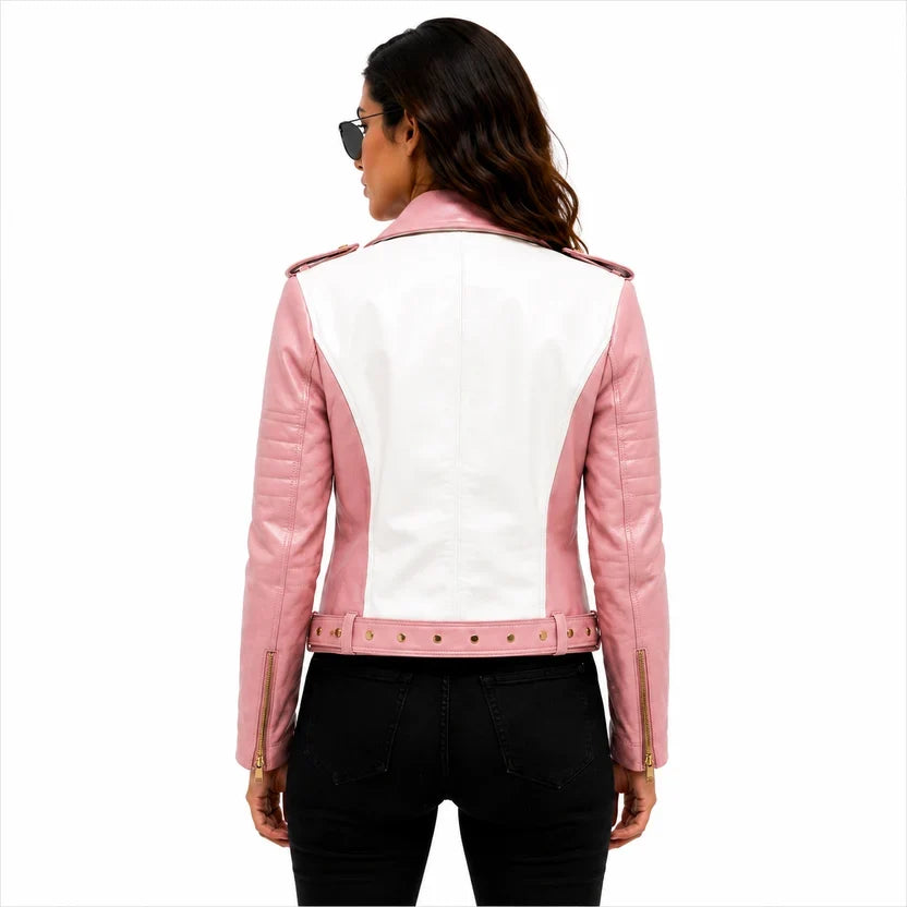 Women's Black & White Genuine Leather Moto Jacket