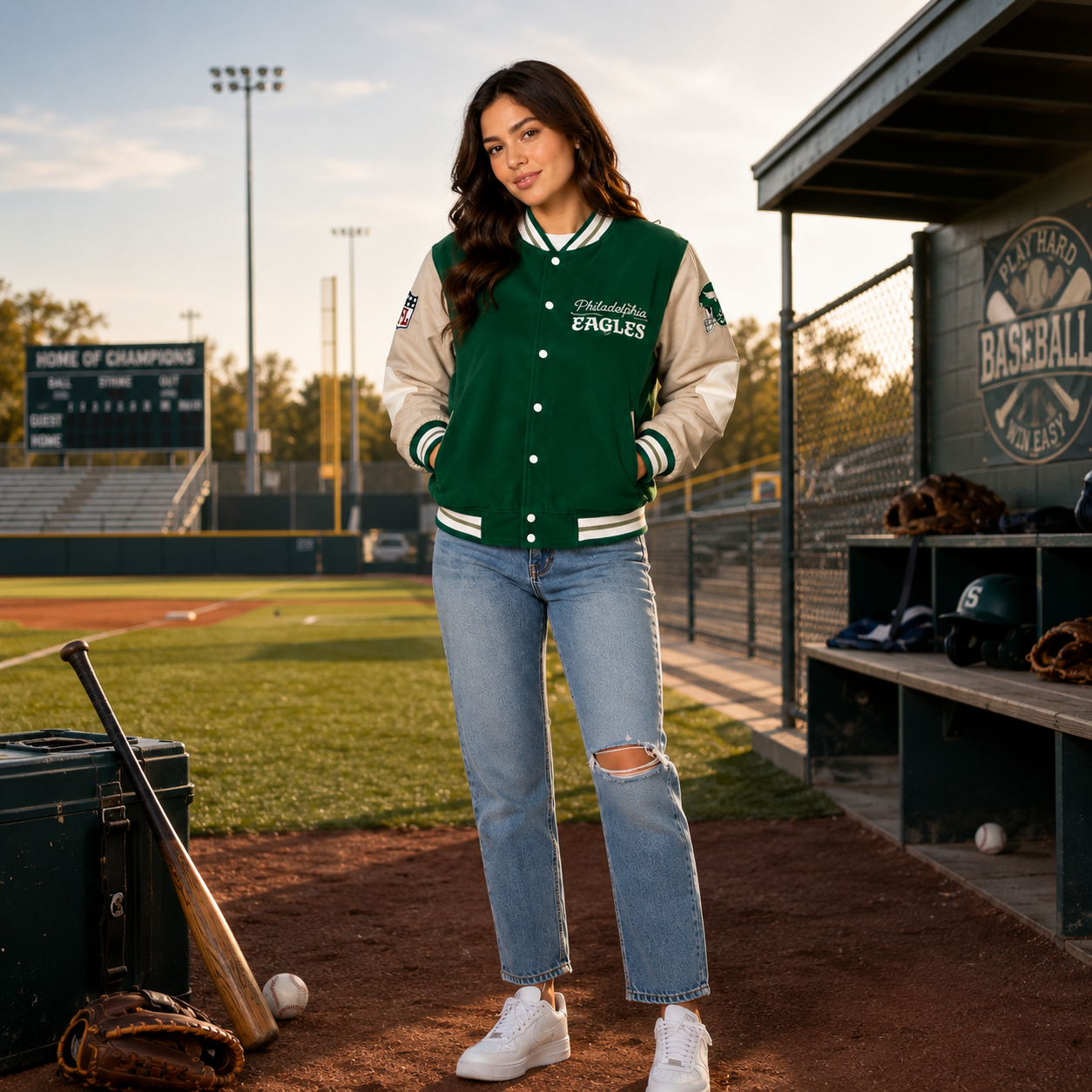 Women's Philadelphia Eagles Green Cream Varsity Jacket