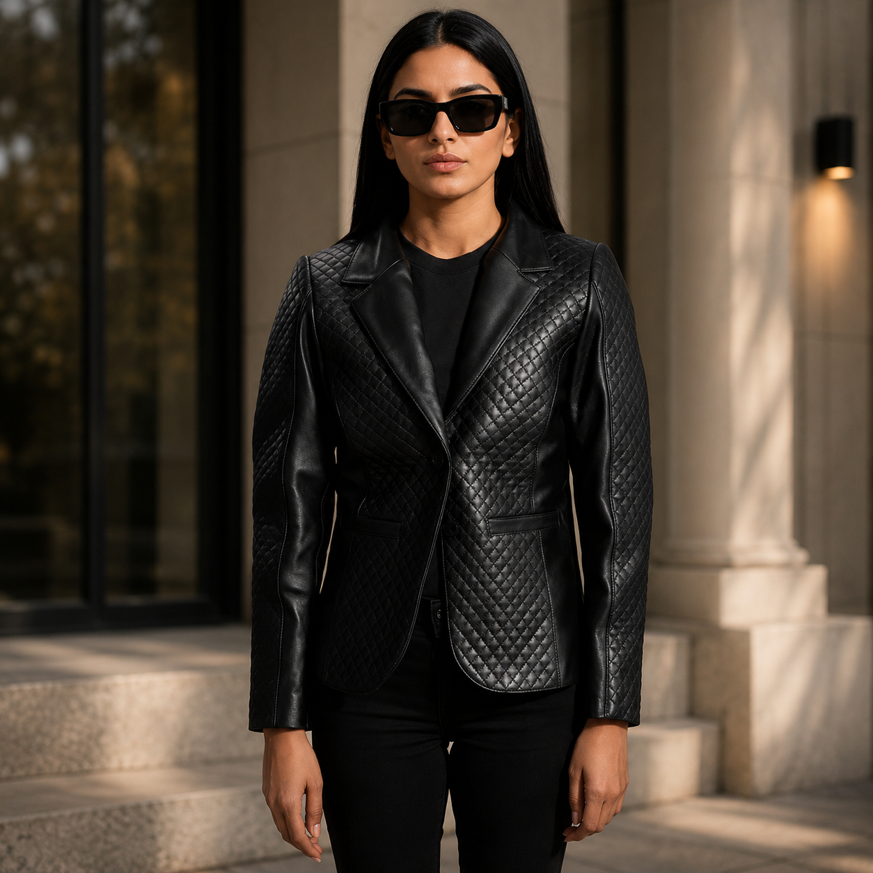 Cora Quilted Black Leather Blazer