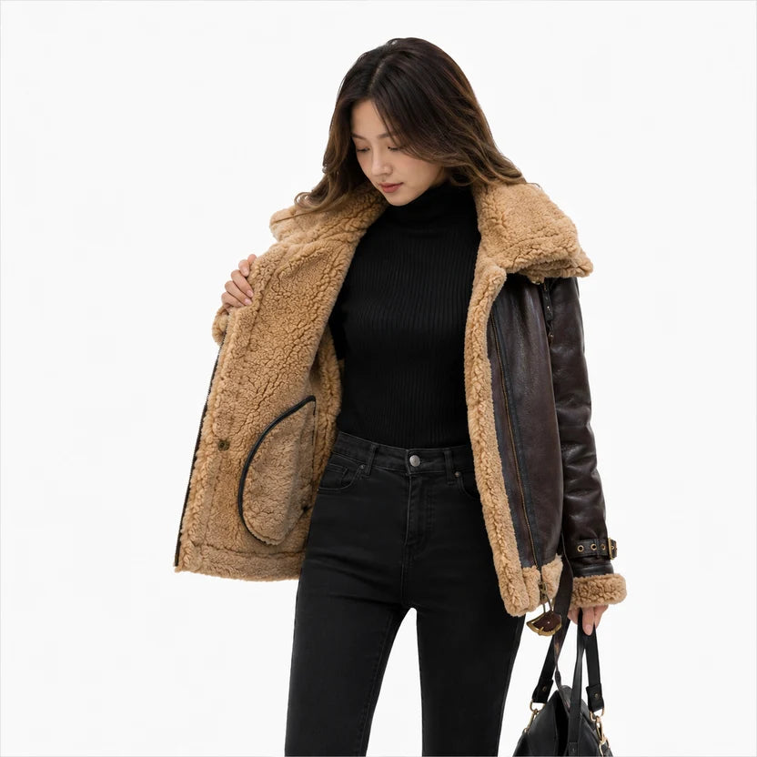 Women's dark brown leather shearling jacket