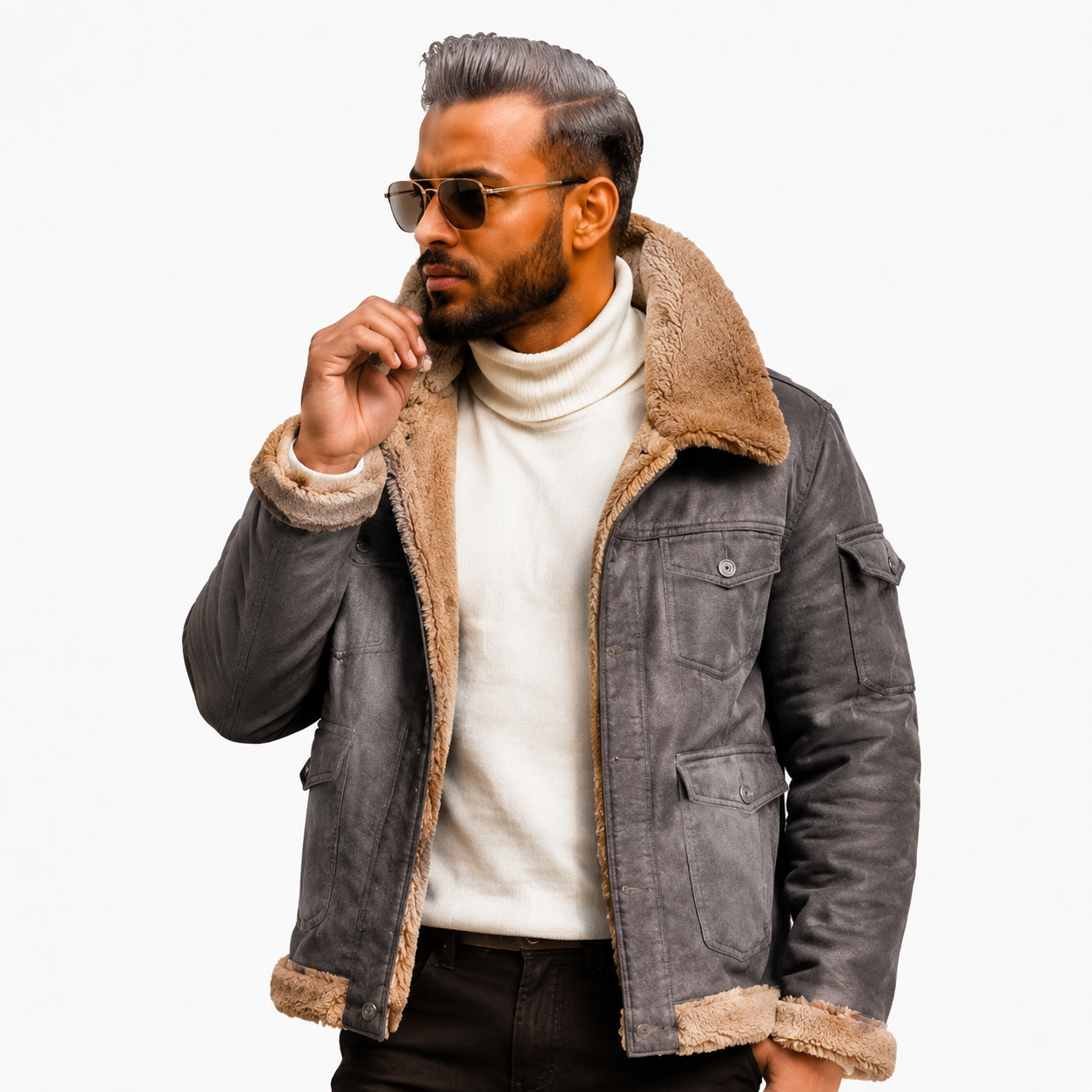Men's Distressed Grey Suede Aviator Jacket