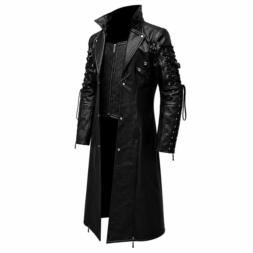 High standing collar on women's all black gothic trench coat