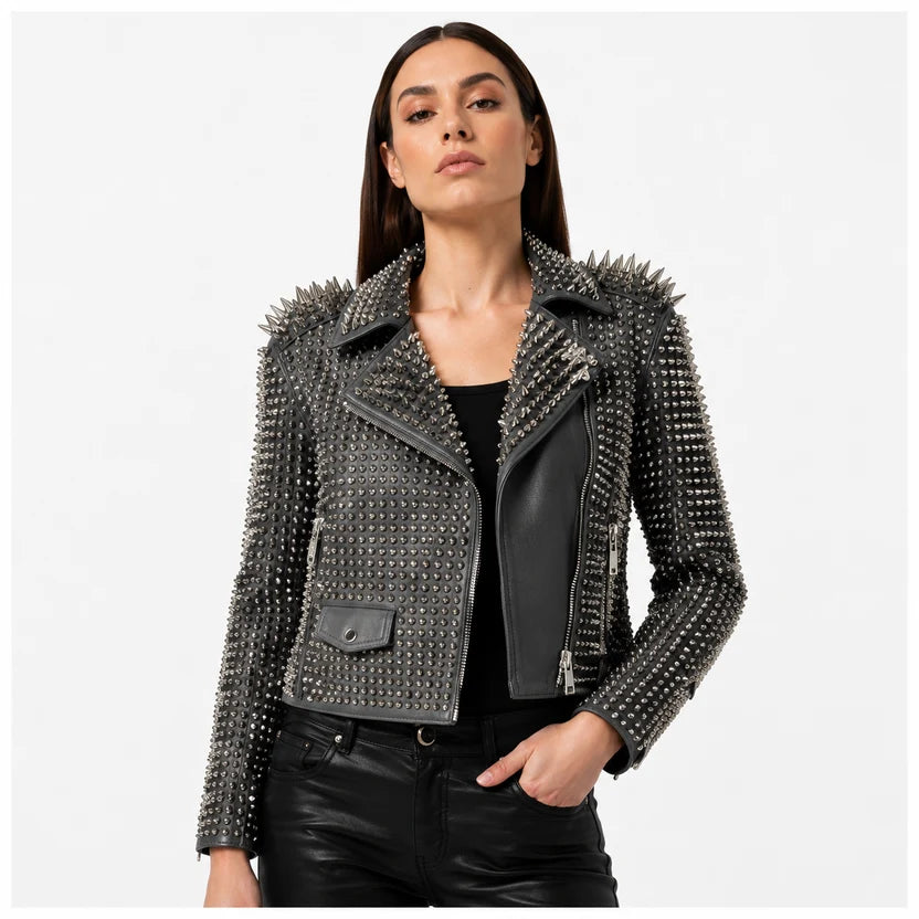 Women's Charcoal Grey Studded Leather Biker Jacket