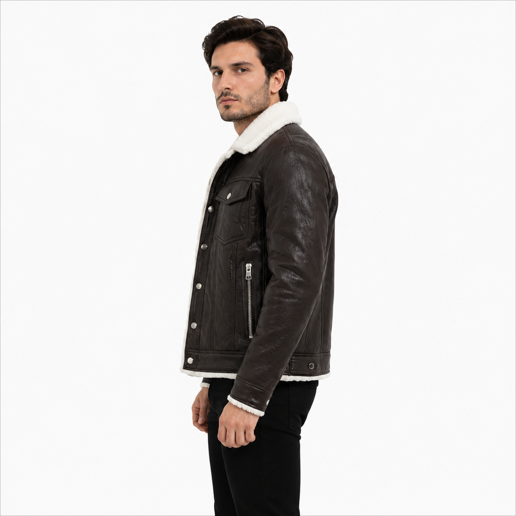 Men's black leather shearling trucker jacket