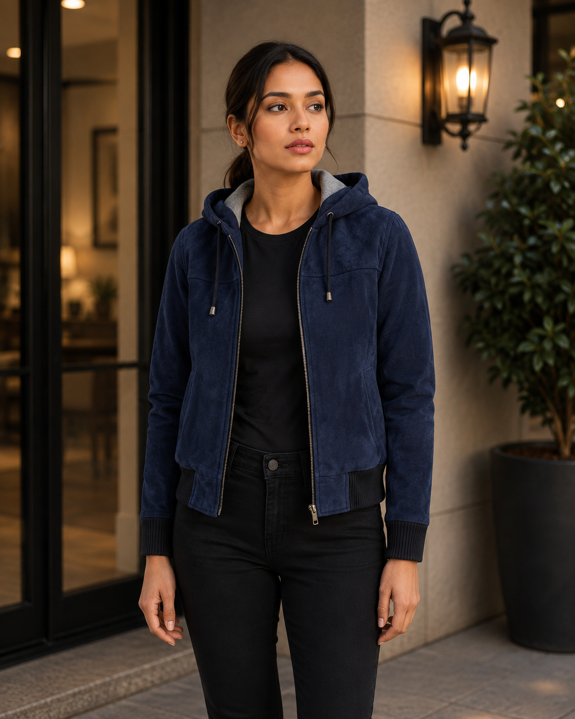 Women's Navy Blue Suede Hooded Jacket