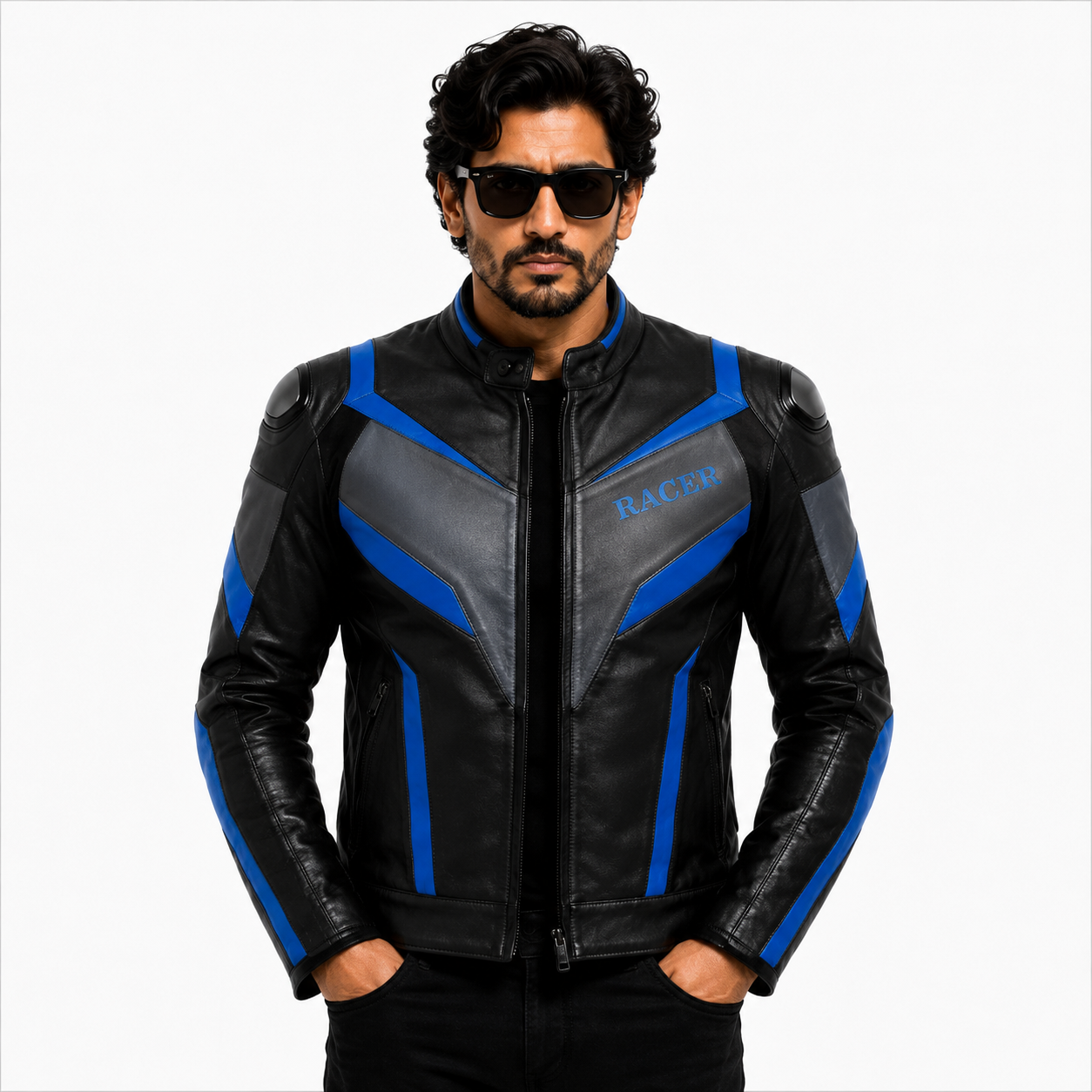Men's Black & Blue Leather Motorcycle Jacket