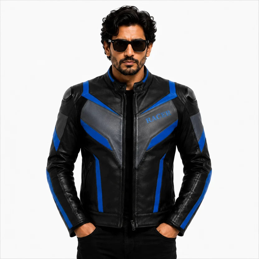 black blue leather motorcycle jacket
