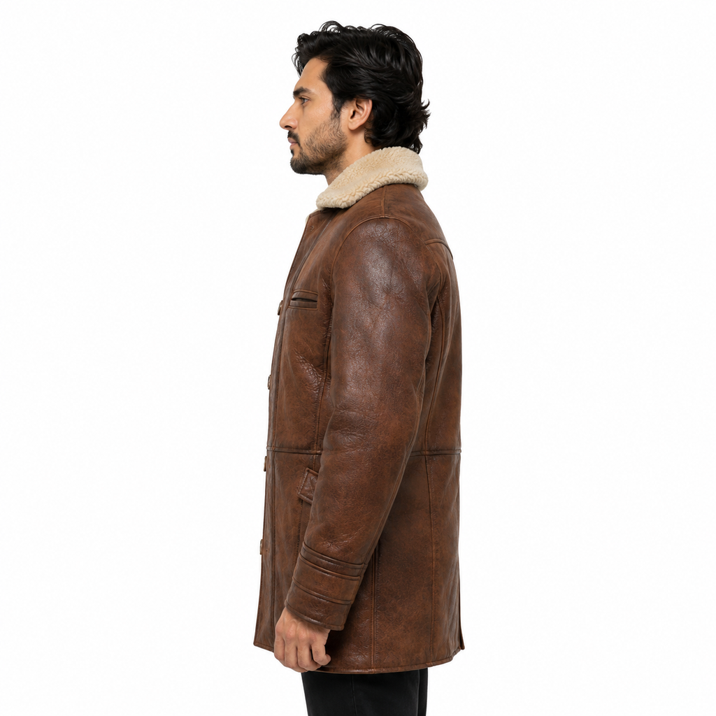 Men's Brown Faux Shearling Long Leather Coat