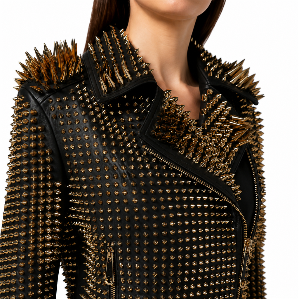 Women's Luxury Studded and Spiked Black Leather Biker