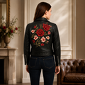 Women's Black Floral Embroidered Leather Jacket