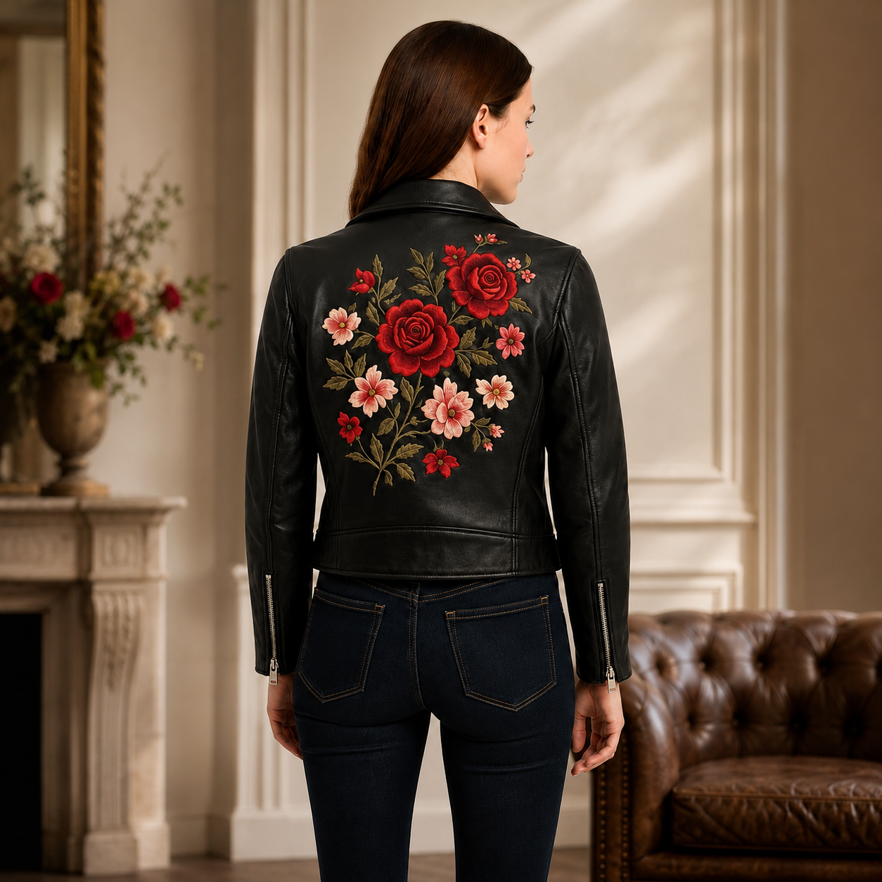 Women's Black Floral Embroidered Leather Jacket