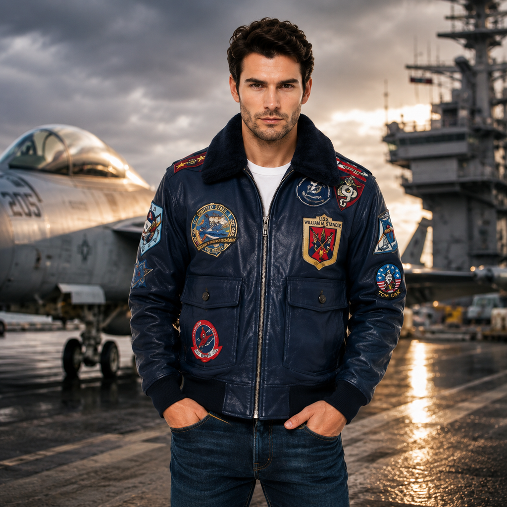 Men's Navy Blue Aviator Leather Jacket with