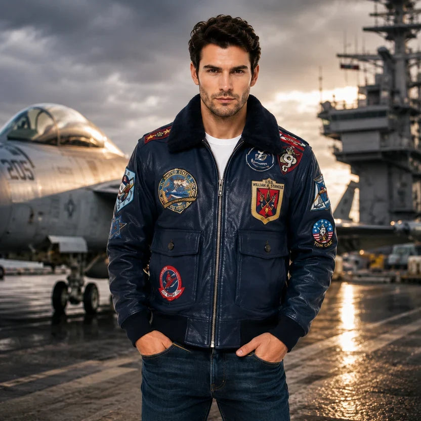 Men's Black Genuine Leather Top Gun Bomber Aviator Jacket