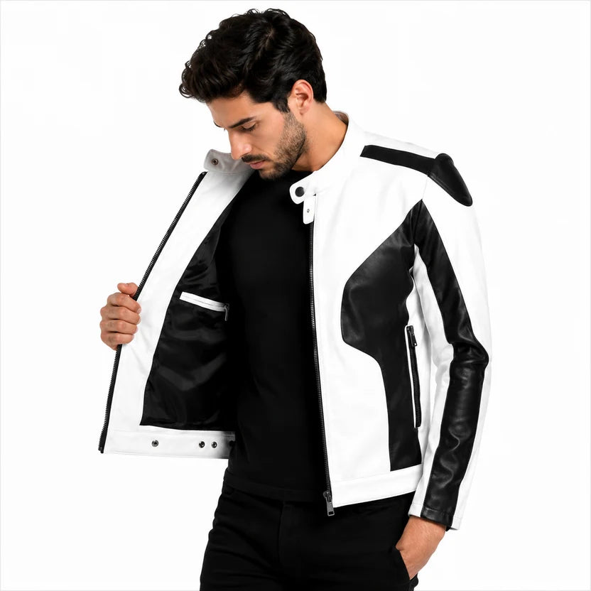 white leather motorcycle racer jacket