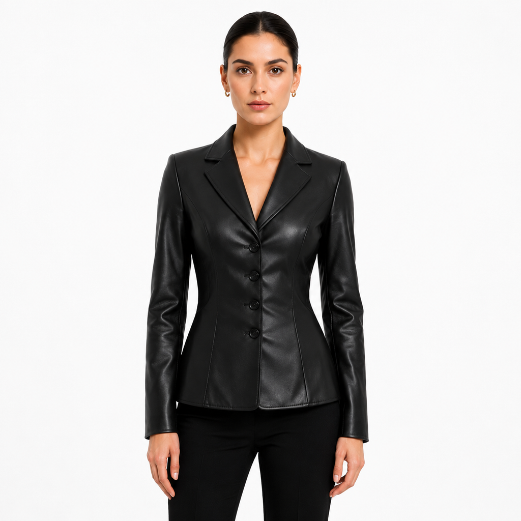 Women's Black Tailored Genuine Leather Blazer Jacket