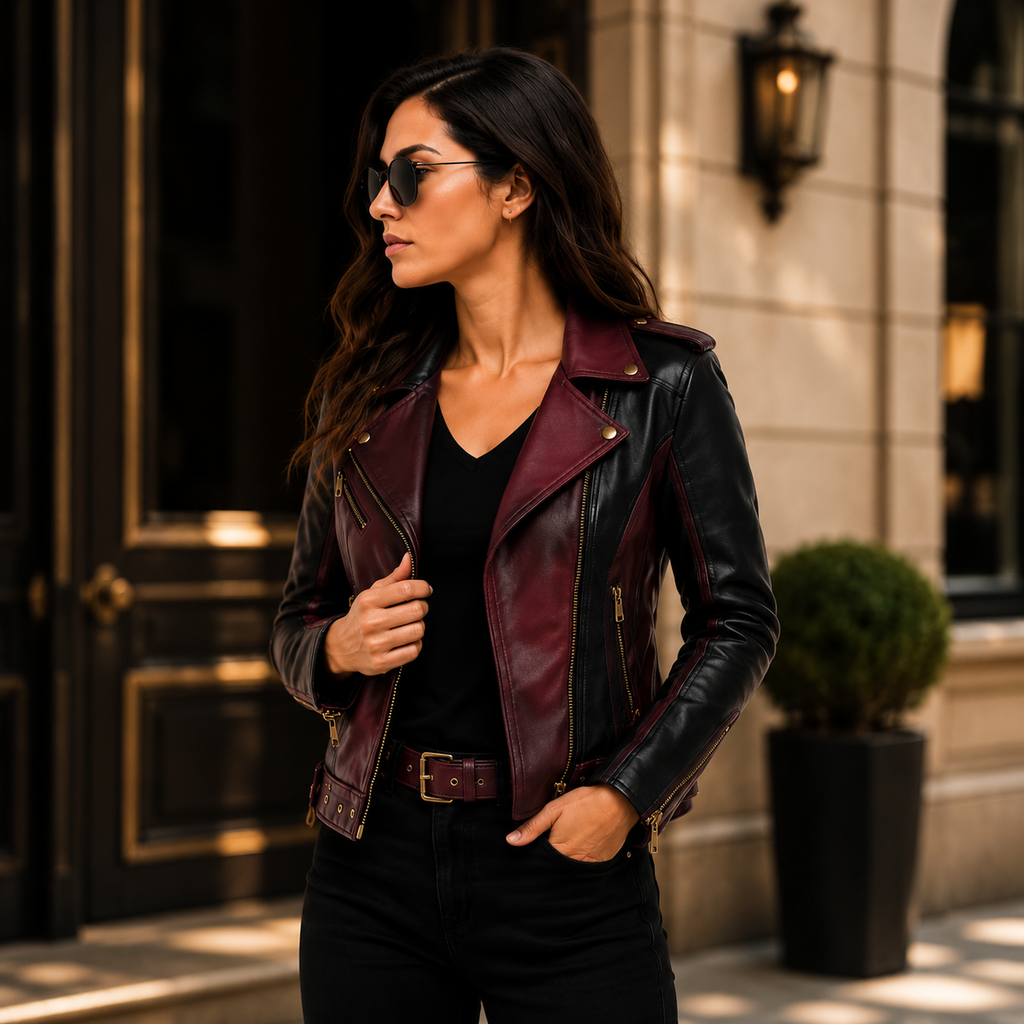 Women's Black & Burgundy Biker Leather Jacket
