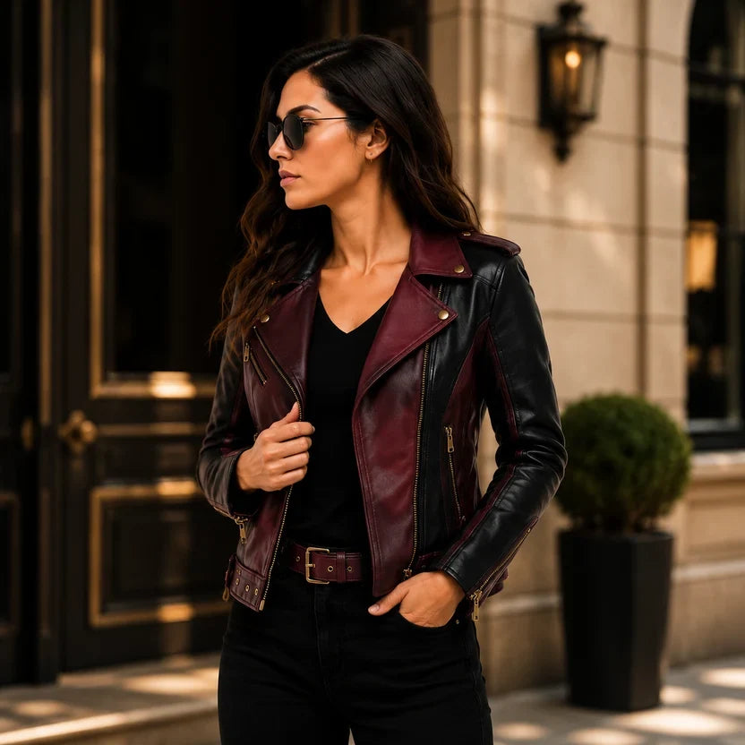 Women's Black & White Genuine Leather Moto Jacket