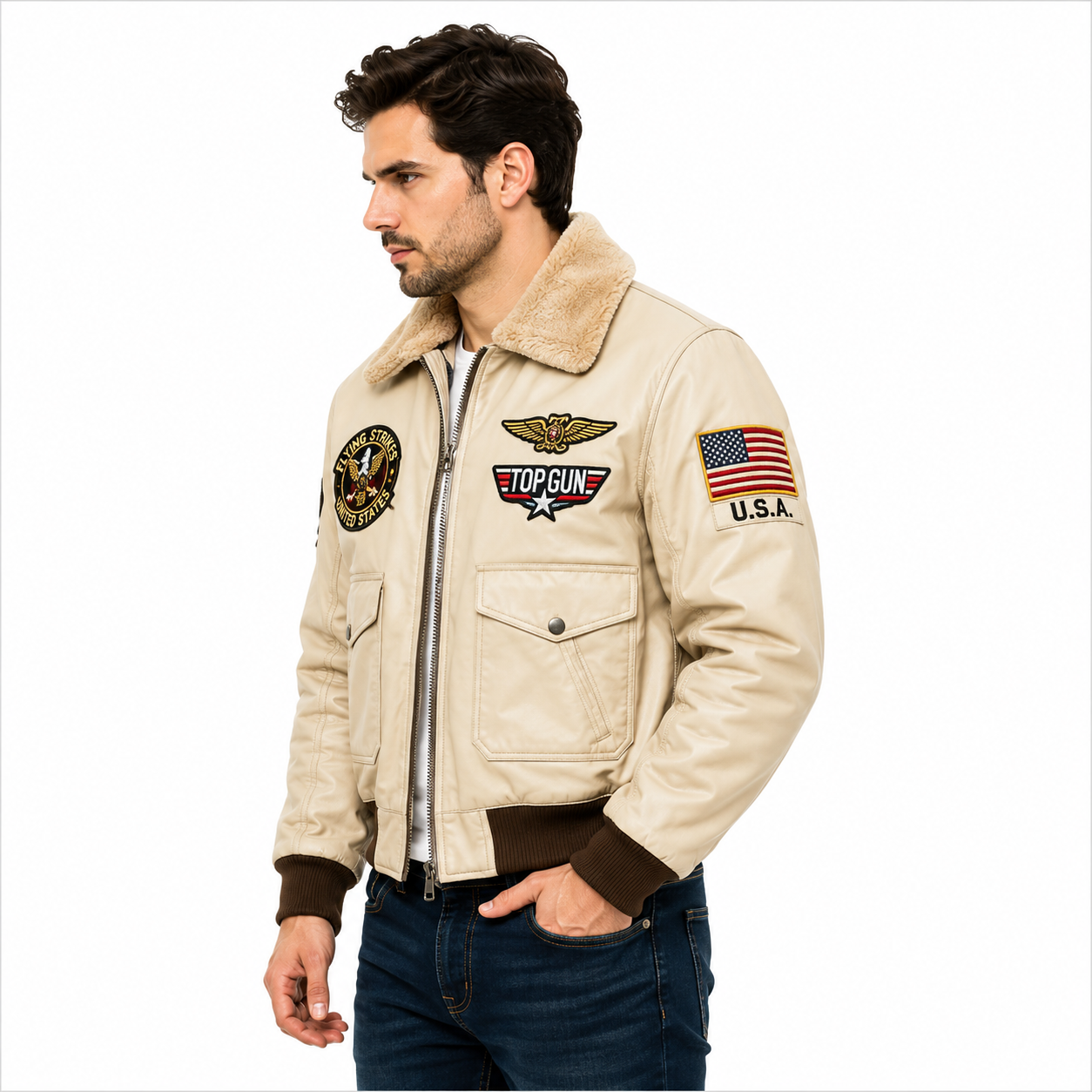 Men's Beige Top Gun G-1 Flight Leather Jacket