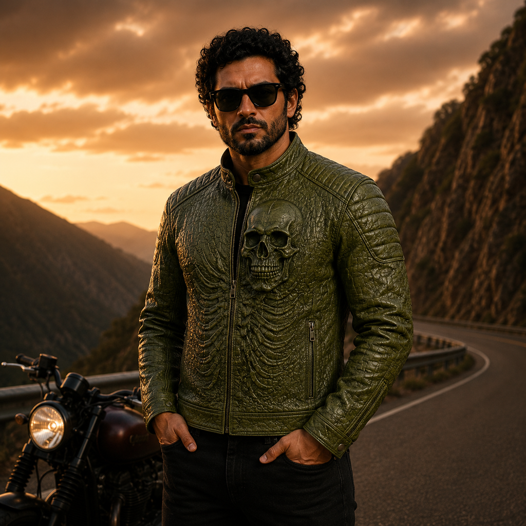 Men's Olive Green Skull Embossed Biker Leather Jacket