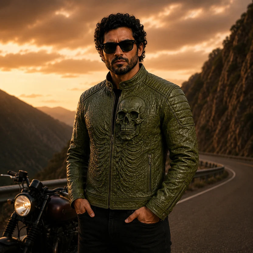 olive green leather motorcycle jacket