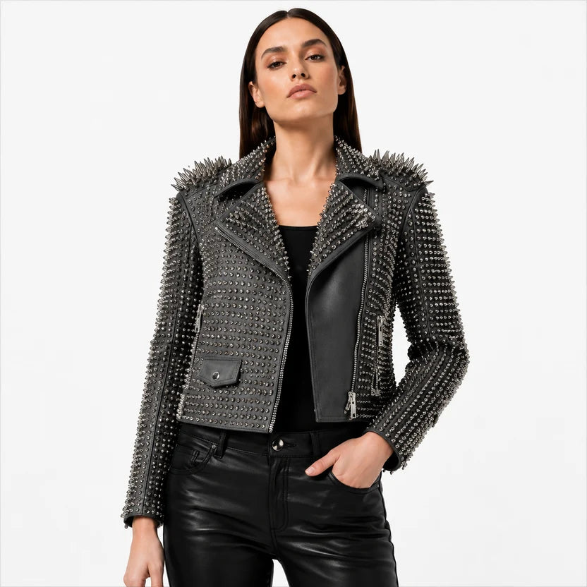women's charcoal grey leather biker jacket