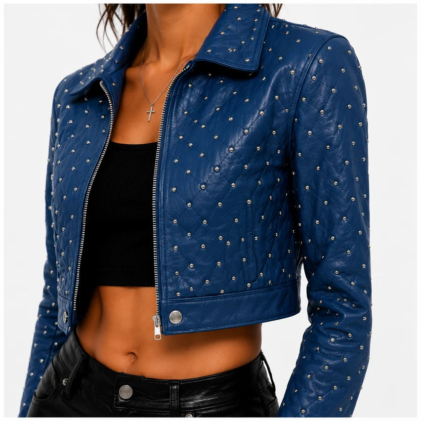 Women's Royal Blue Studded Crop Leather Jacket