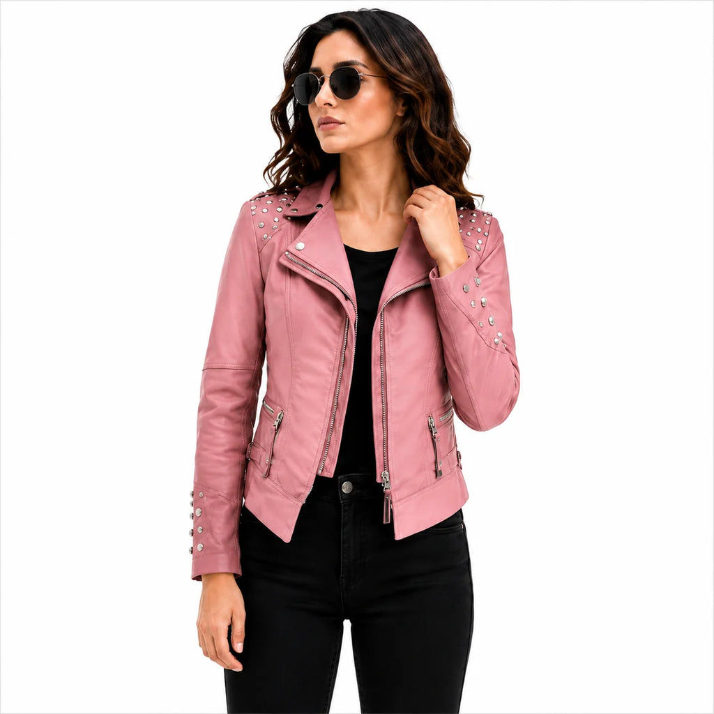 Women's Pink Studded Leather Biker Jacket