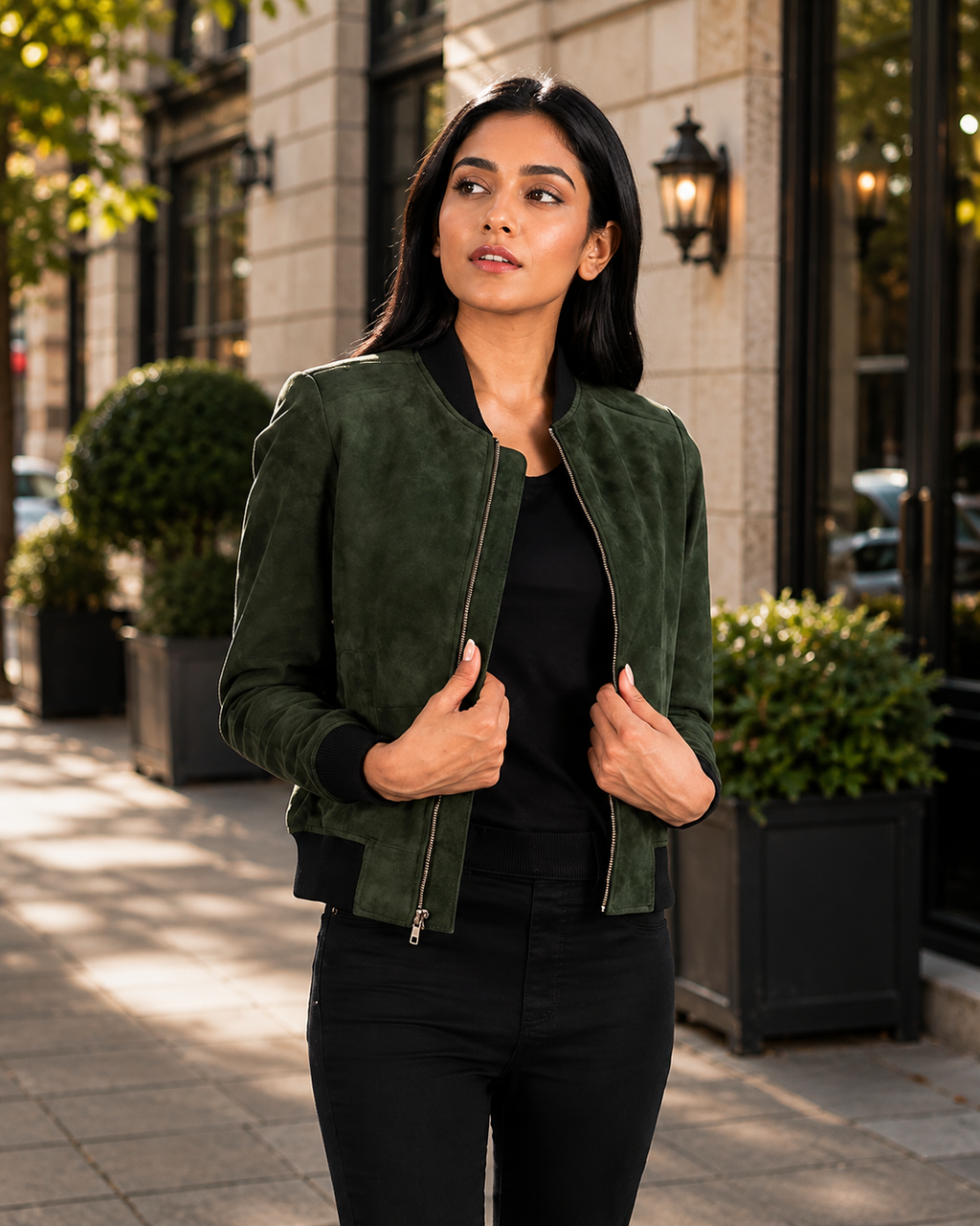 Green Suede Bomber Jacket