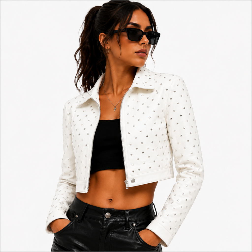 Women's Cropped Studded White Leather Jacket