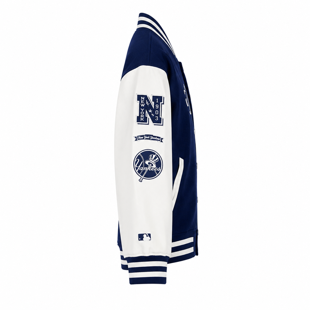 Navy Blue and White New York Yankees Varsity Jacket Side with NY 1903 Sleeve Patch and Yankees Circular Logo