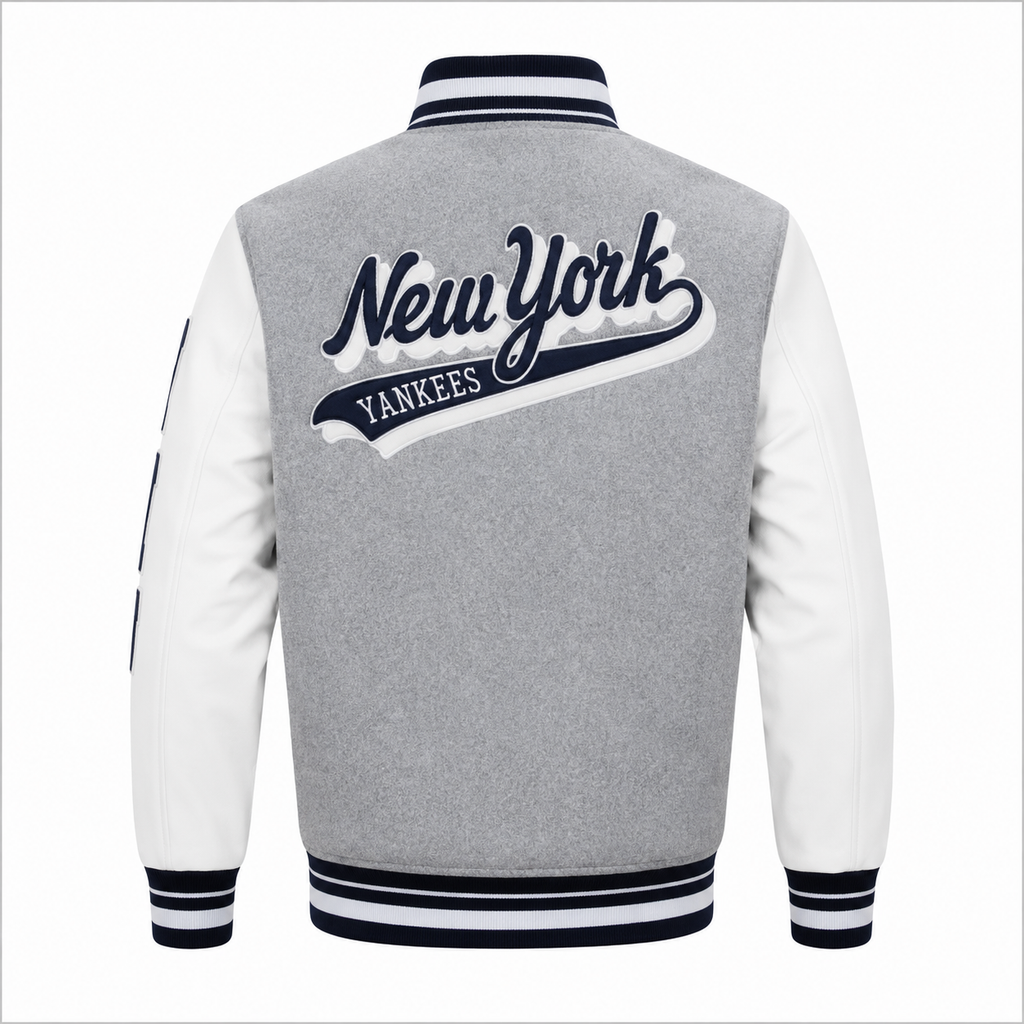 Gray and White New York Yankees MLB Varsity Jacket with New York Script on Back
