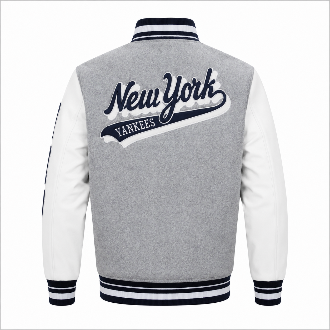 Gray and White New York Yankees MLB Varsity Jacket with New York Script on Back