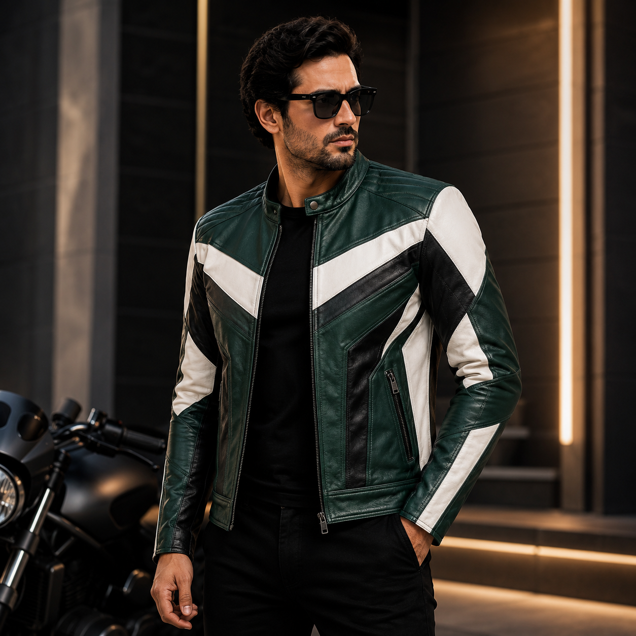 Men's Green, Black & White Racer Leather Jacket